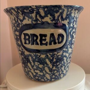 Blue Spongeware Bread Bowl Crock Pottery
